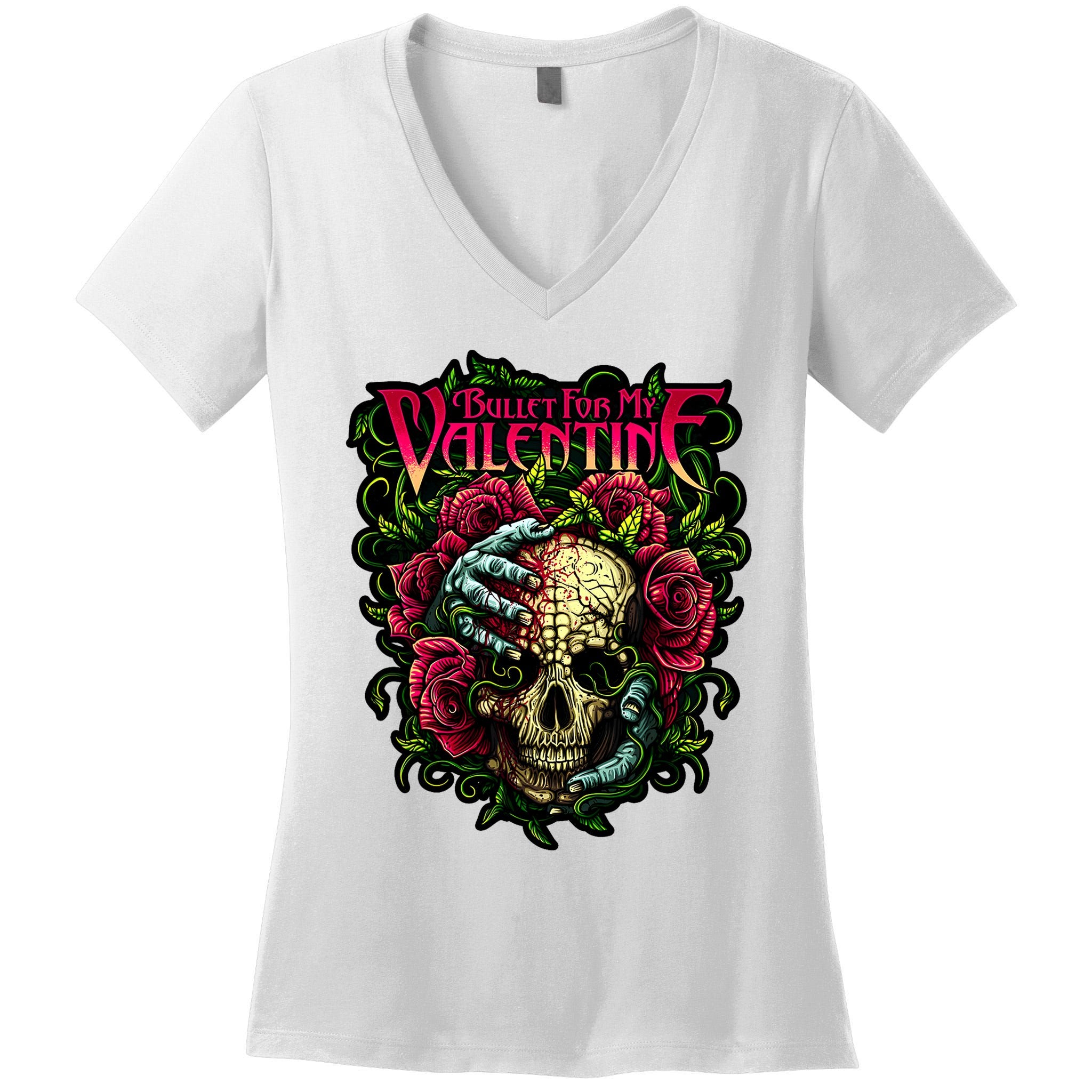 Funny Bullet My Valentine Skull Roses And Red Blood Horror Women's V-Neck T-Shirt
