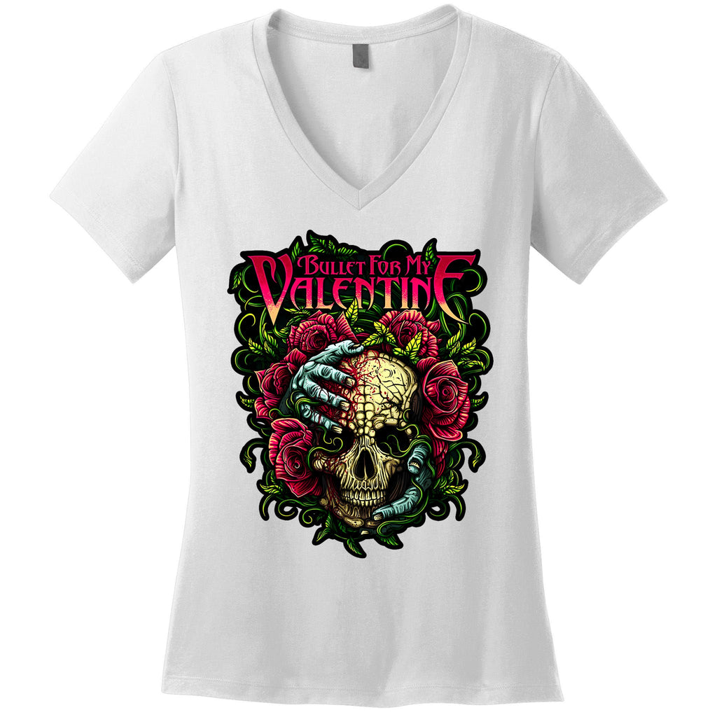 Funny Bullet My Valentine Skull Roses And Red Blood Horror Women's V-Neck T-Shirt