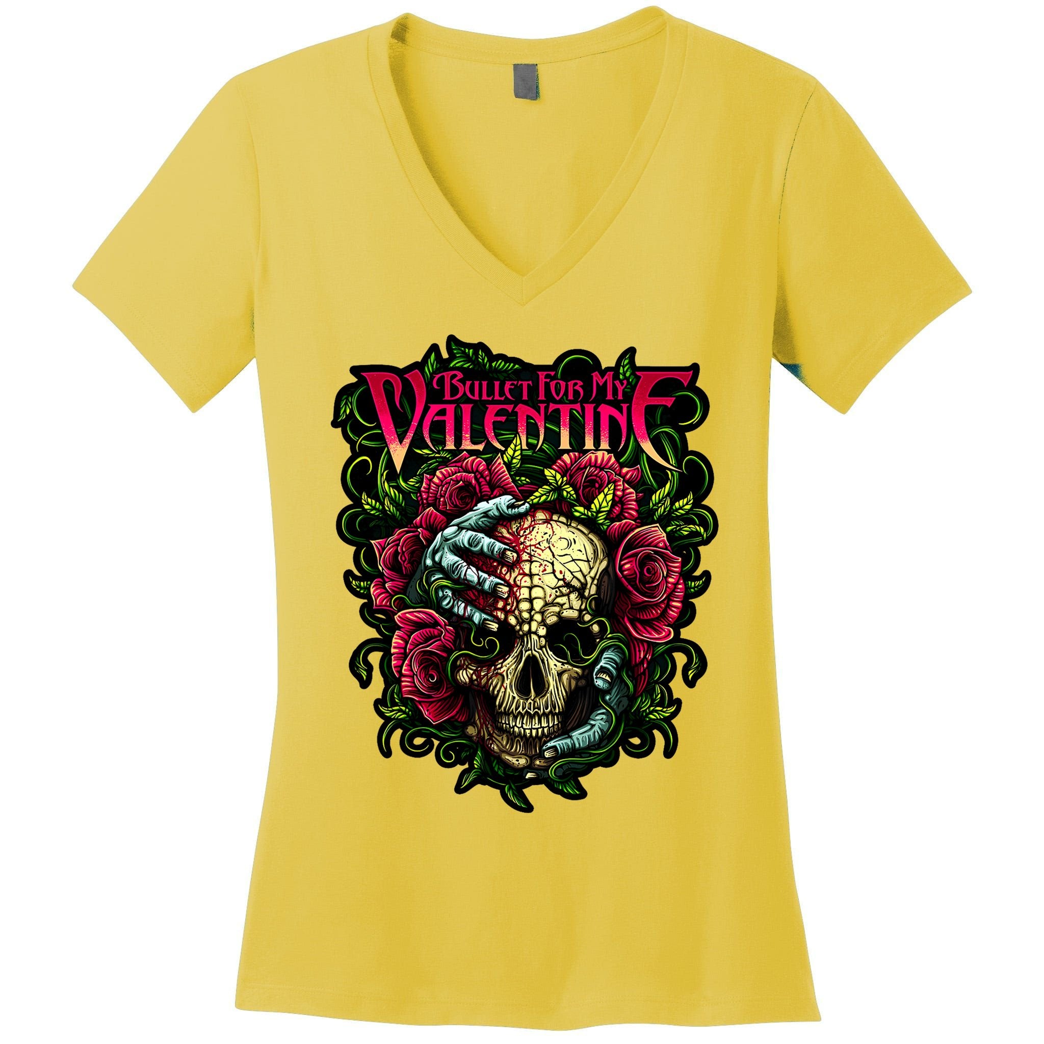 Funny Bullet My Valentine Skull Roses And Red Blood Horror Women's V-Neck T-Shirt