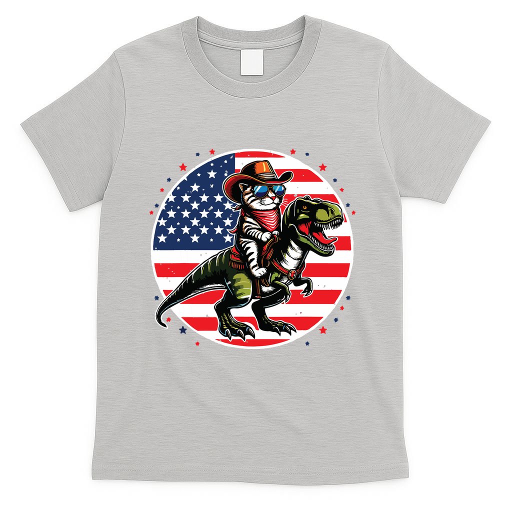 Funny Cowboy Cat Riding Dinosaur Usa Flag Trex 4th Of July T-Shirt