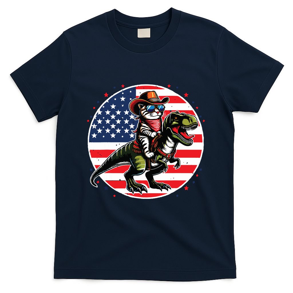 Funny Cowboy Cat Riding Dinosaur Usa Flag Trex 4th Of July T-Shirt