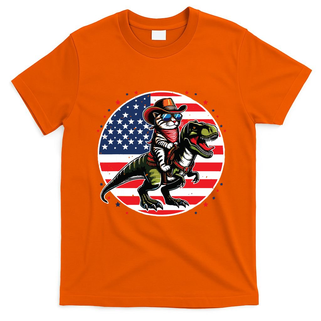 Funny Cowboy Cat Riding Dinosaur Usa Flag Trex 4th Of July T-Shirt