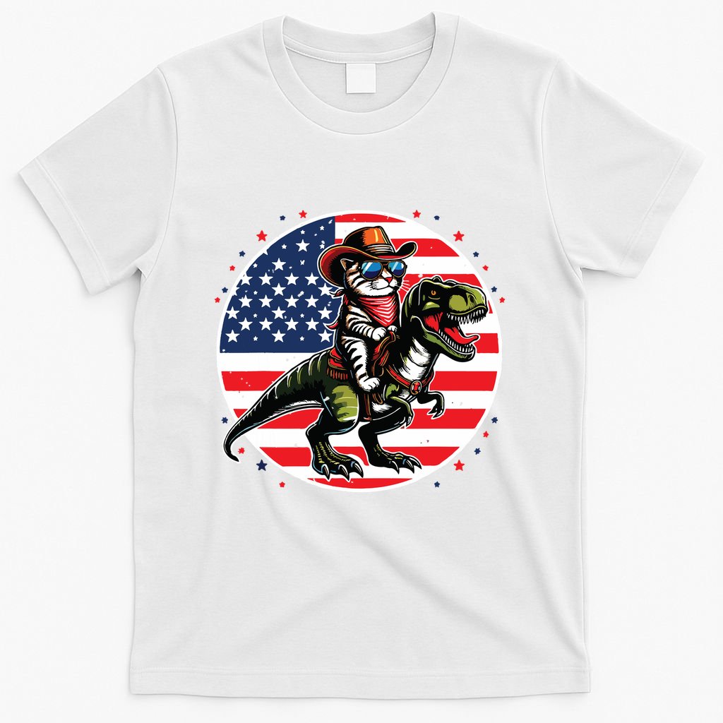 Funny Cowboy Cat Riding Dinosaur Usa Flag Trex 4th Of July T-Shirt