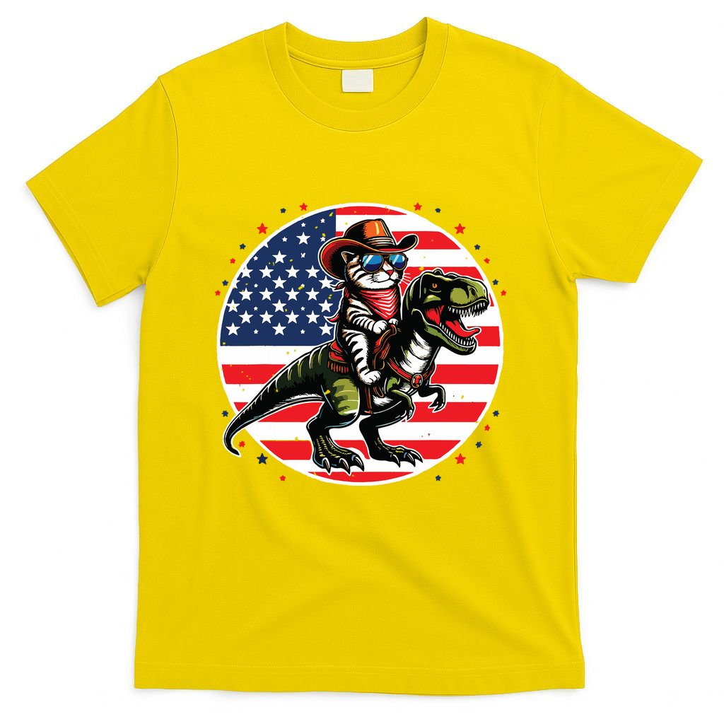 Funny Cowboy Cat Riding Dinosaur Usa Flag Trex 4th Of July T-Shirt