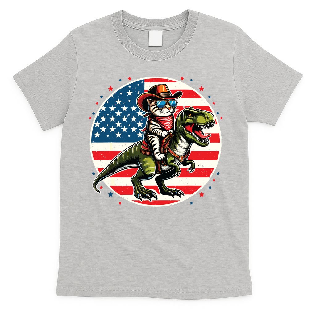 Funny Cowboy Cat Riding Dinosaur Usa Flag Trex 4th Of July T-Shirt