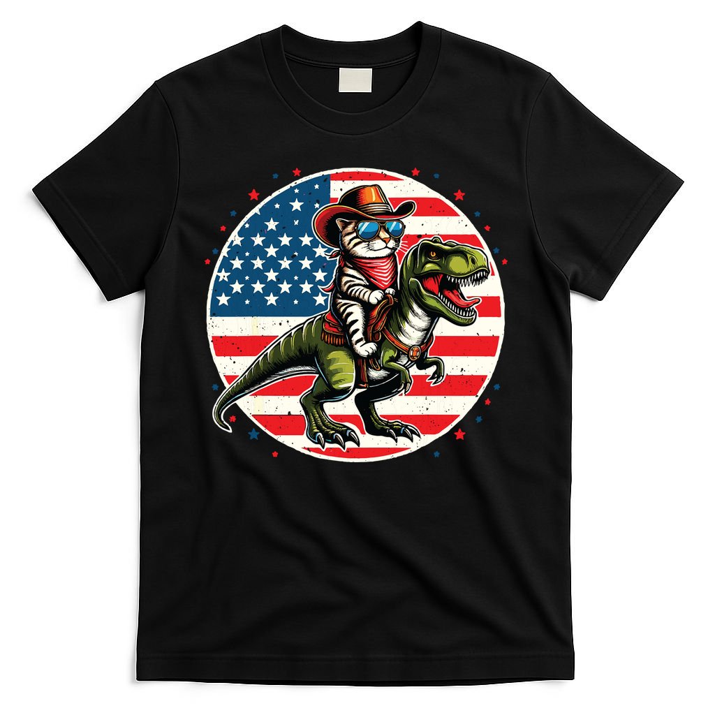 Funny Cowboy Cat Riding Dinosaur Usa Flag Trex 4th Of July T-Shirt