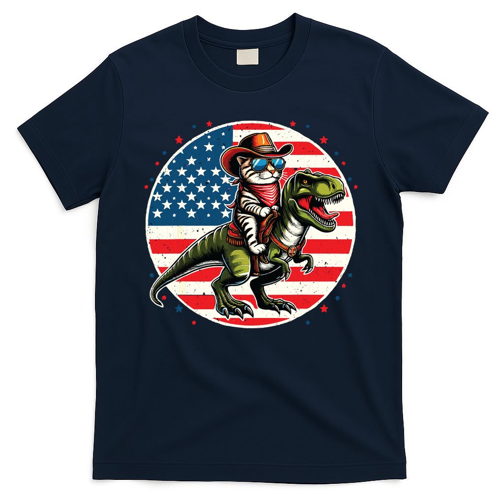 Funny Cowboy Cat Riding Dinosaur Usa Flag Trex 4th Of July T-Shirt