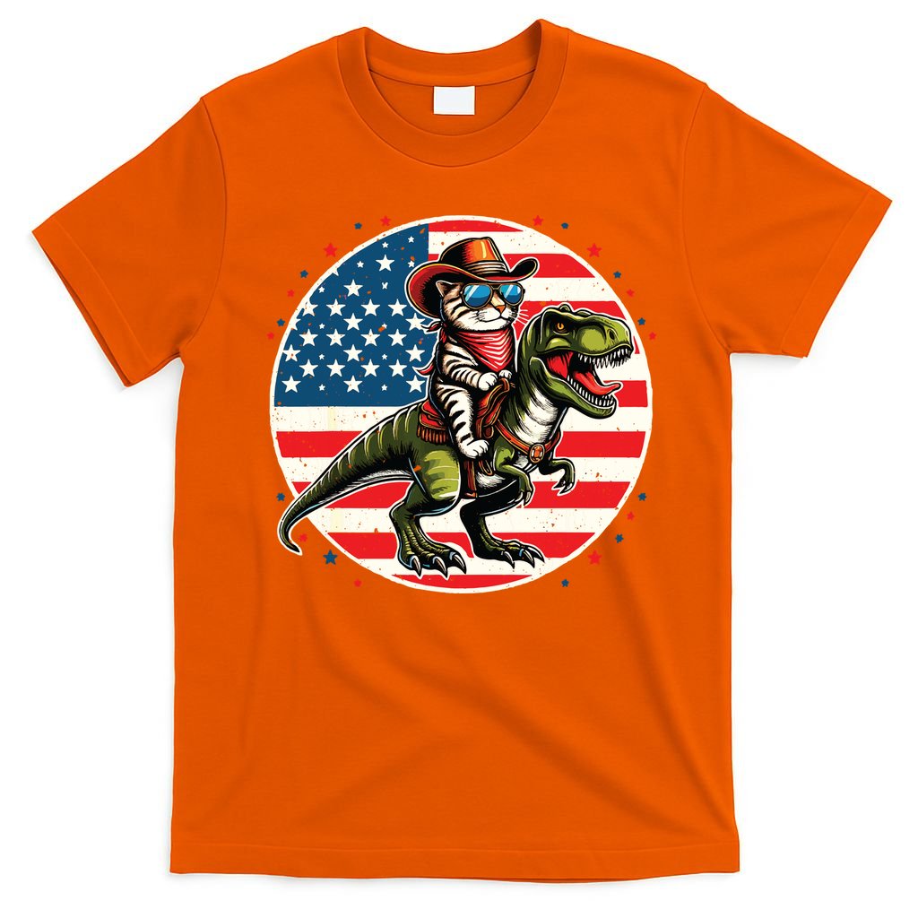 Funny Cowboy Cat Riding Dinosaur Usa Flag Trex 4th Of July T-Shirt