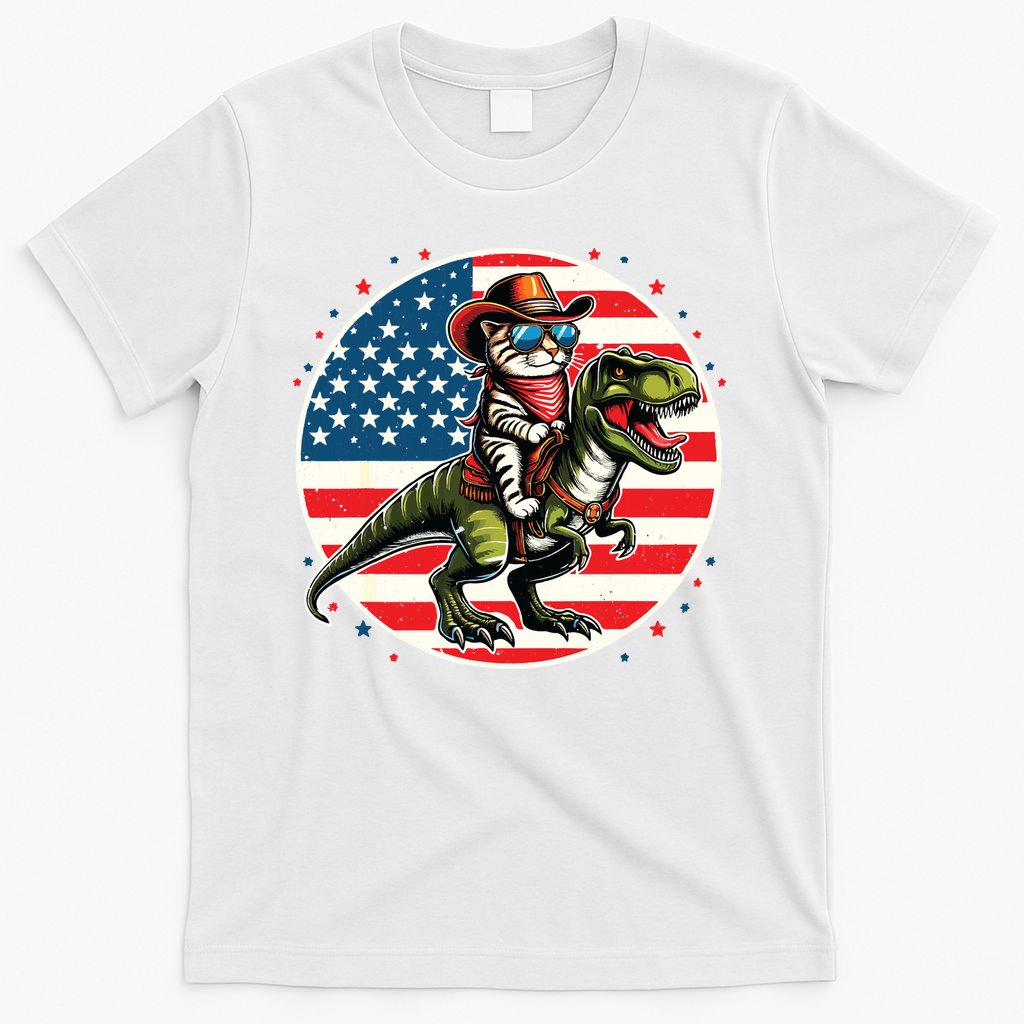 Funny Cowboy Cat Riding Dinosaur Usa Flag Trex 4th Of July T-Shirt