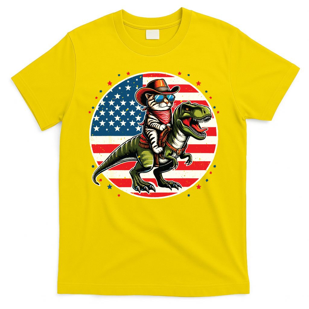 Funny Cowboy Cat Riding Dinosaur Usa Flag Trex 4th Of July T-Shirt