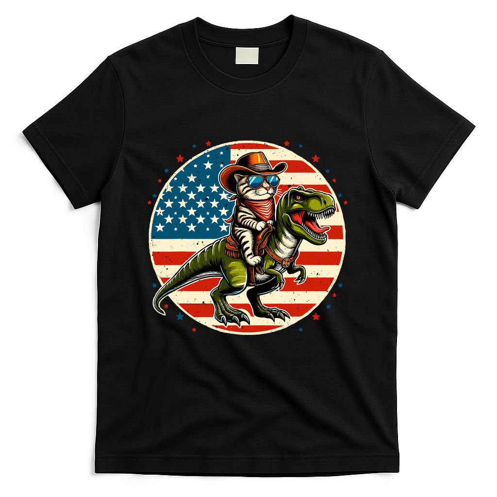Funny Cowboy Cat Riding Dinosaur Usa Flag Trex 4th Of July T-Shirt