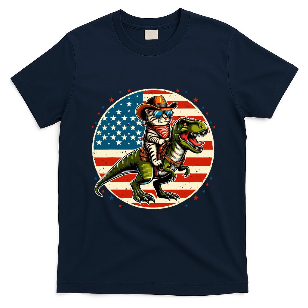 Funny Cowboy Cat Riding Dinosaur Usa Flag Trex 4th Of July T-Shirt