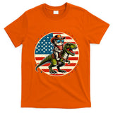 Funny Cowboy Cat Riding Dinosaur Usa Flag Trex 4th Of July T-Shirt