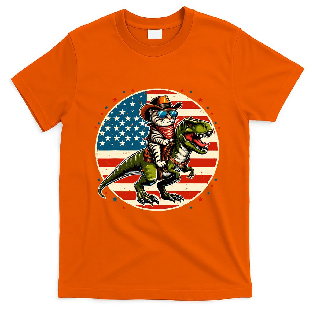 Funny Cowboy Cat Riding Dinosaur Usa Flag Trex 4th Of July T-Shirt