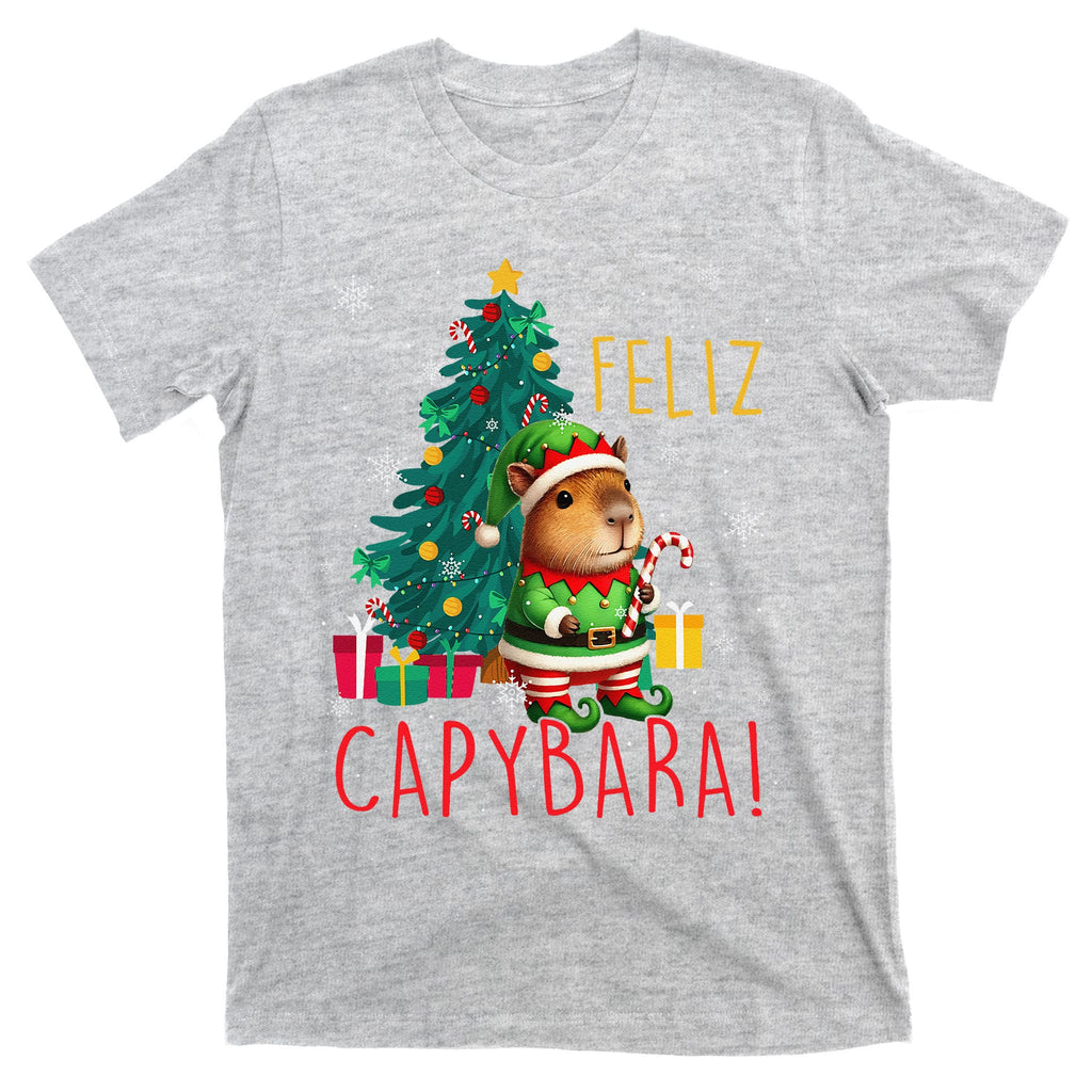 Feliz Capybara Elf Xmas Christmas Tree Checkered Candy Cane T-Shirt