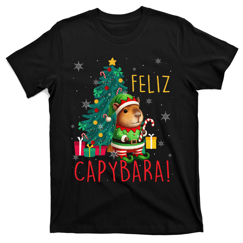 Feliz Capybara Elf Xmas Christmas Tree Checkered Candy Cane T-Shirt