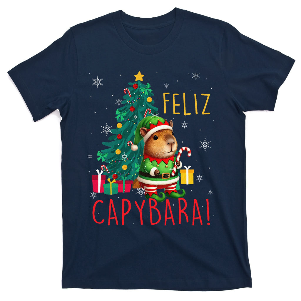 Feliz Capybara Elf Xmas Christmas Tree Checkered Candy Cane T-Shirt