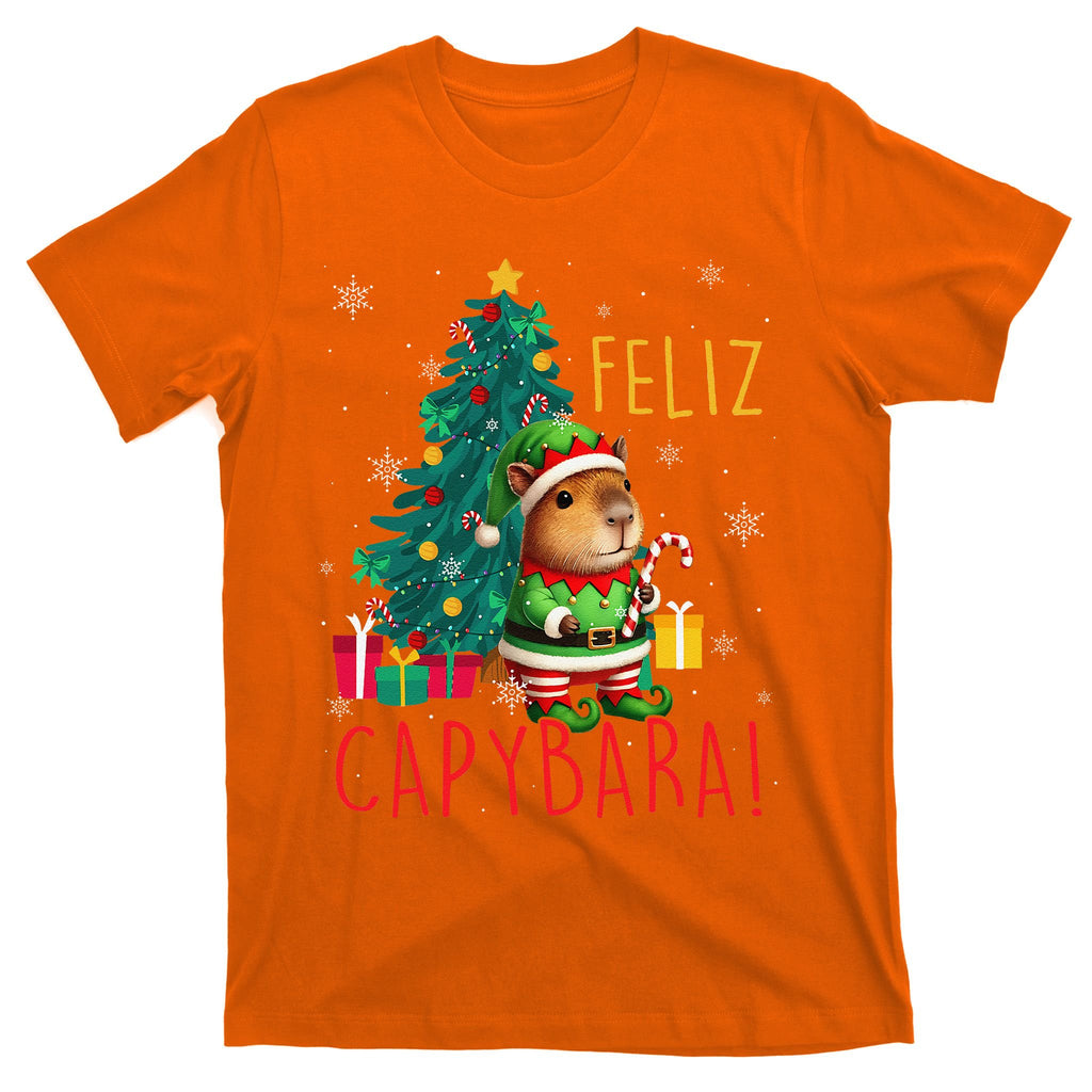 Feliz Capybara Elf Xmas Christmas Tree Checkered Candy Cane T-Shirt