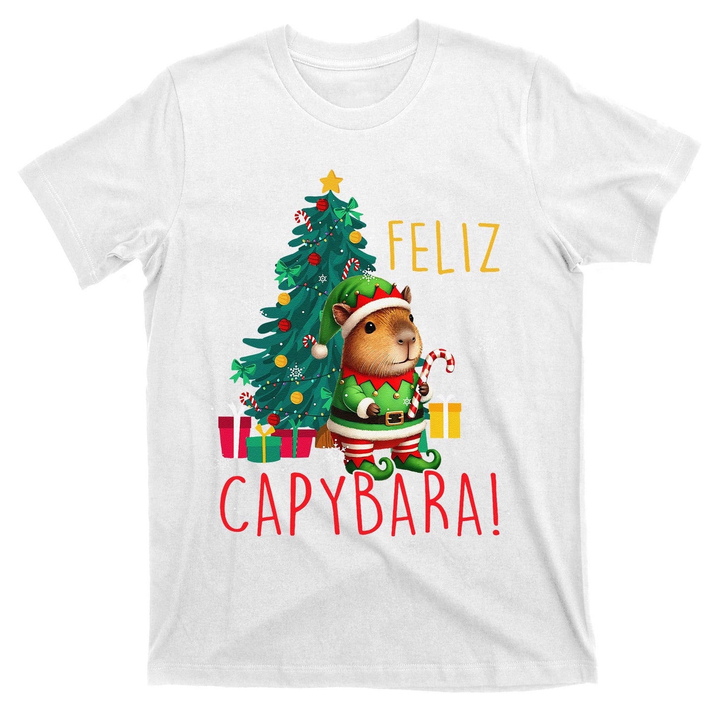 Feliz Capybara Elf Xmas Christmas Tree Checkered Candy Cane T-Shirt