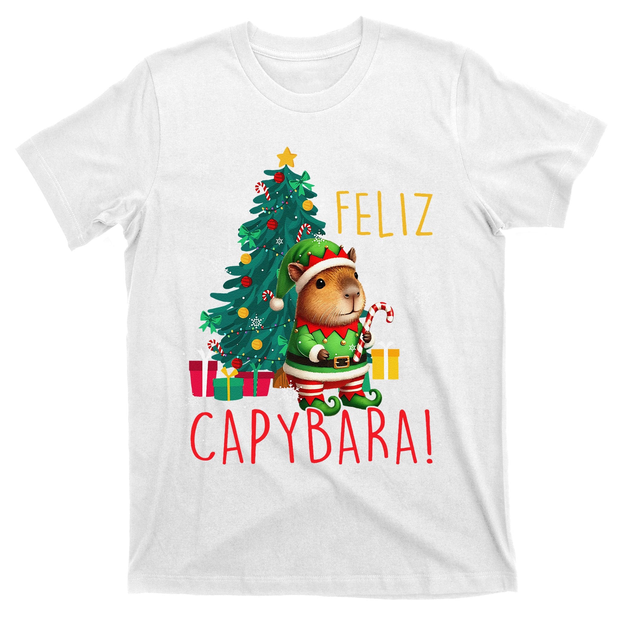 Feliz Capybara Elf Xmas Christmas Tree Checkered Candy Cane T-Shirt