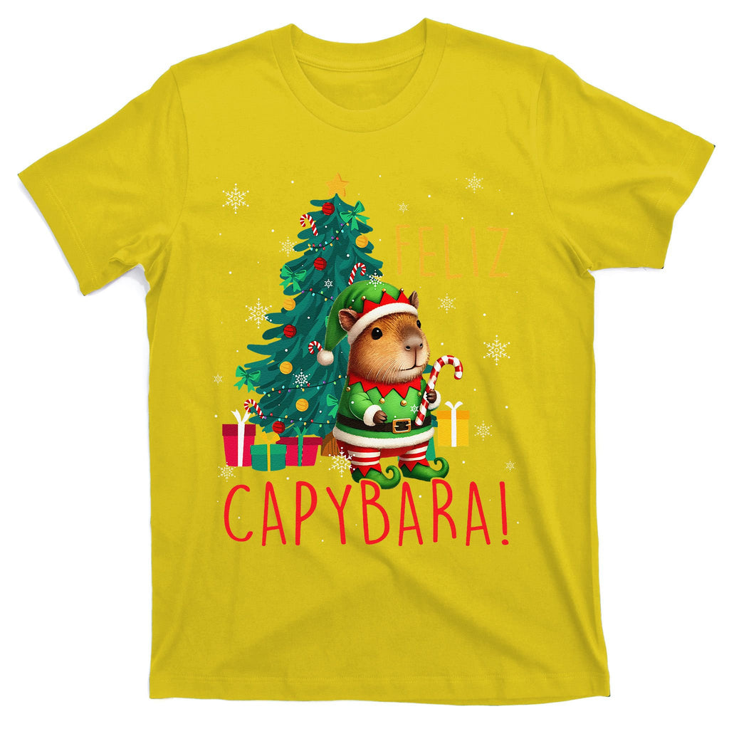 Feliz Capybara Elf Xmas Christmas Tree Checkered Candy Cane T-Shirt