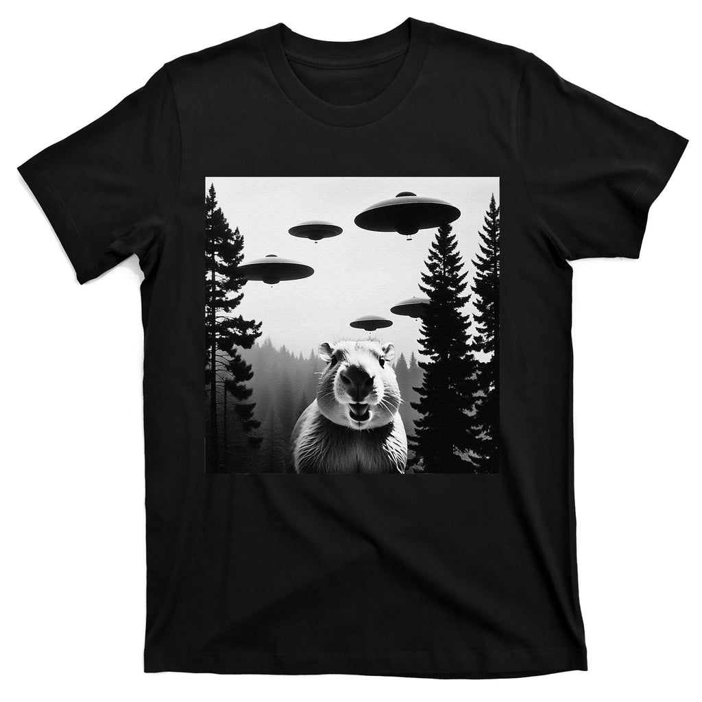 Funny Capybara With Alien Ufo Spaceship. Capybara Lovers T-Shirt