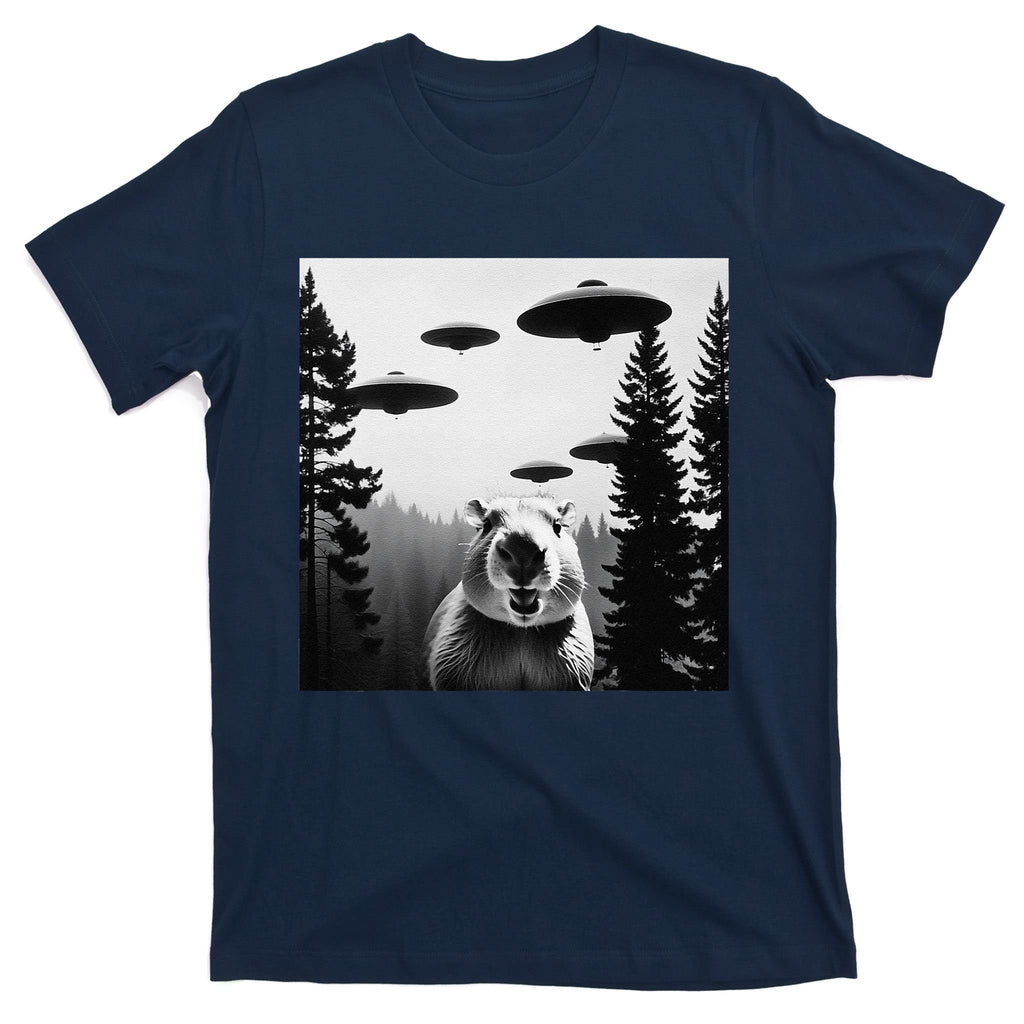 Funny Capybara With Alien Ufo Spaceship. Capybara Lovers T-Shirt