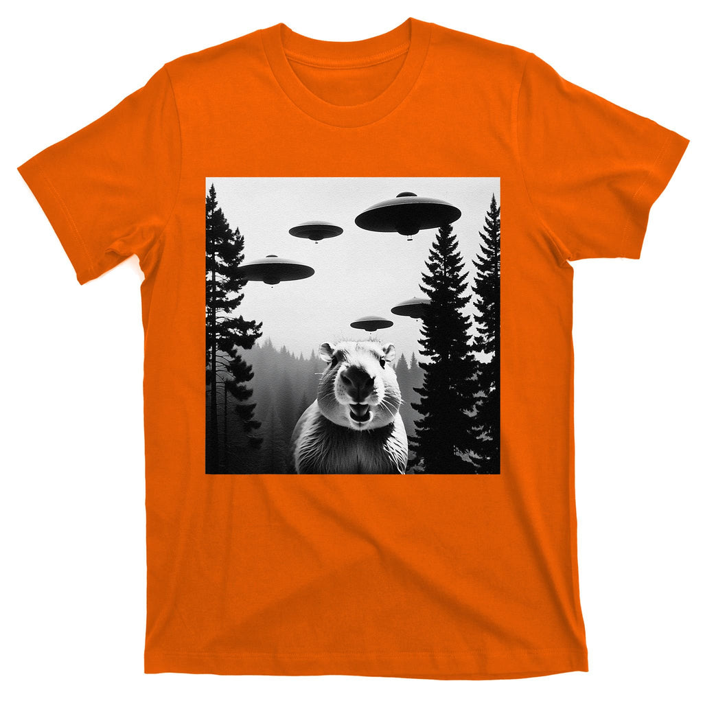 Funny Capybara With Alien Ufo Spaceship. Capybara Lovers T-Shirt