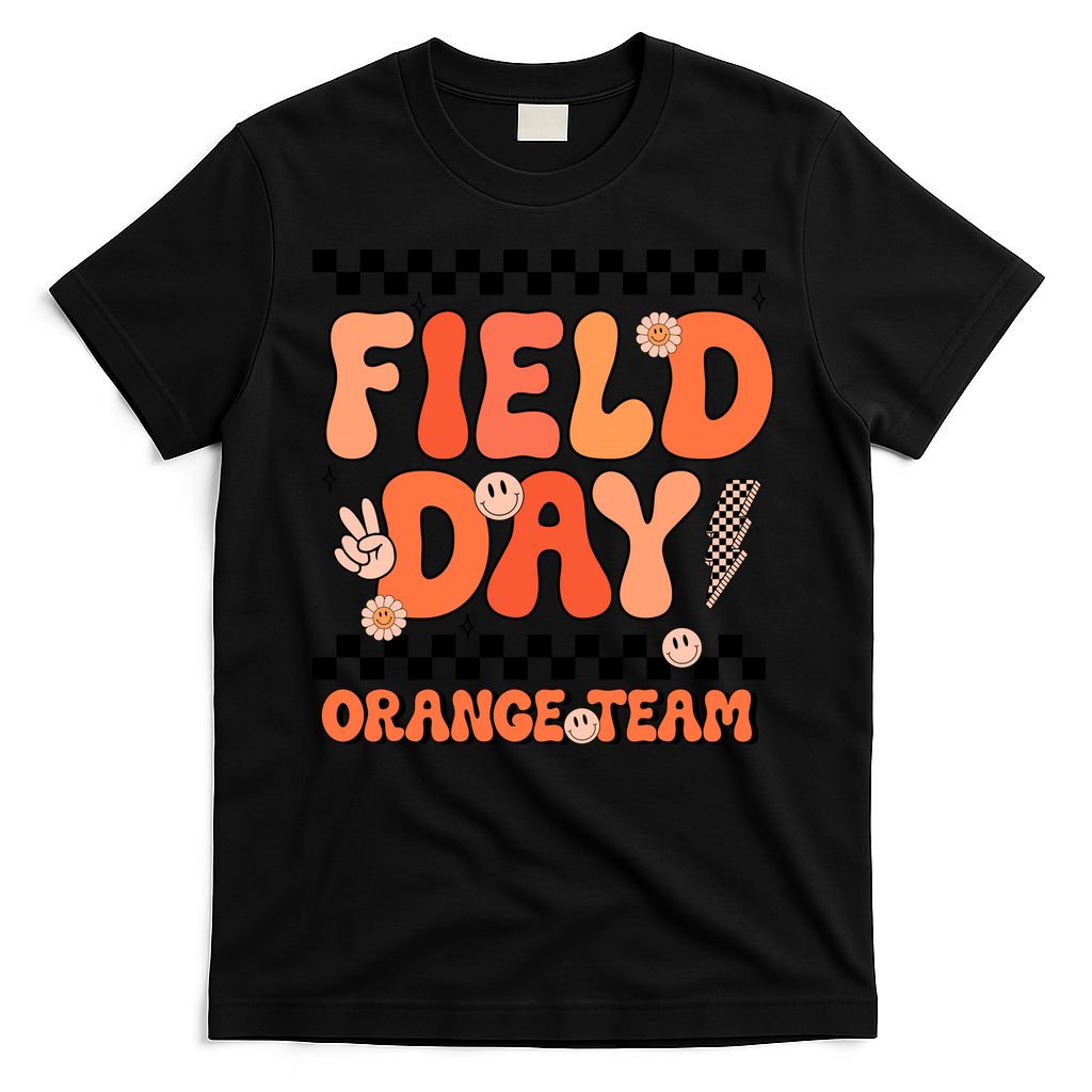 Field Day Orange Team Groovy Smile Face Checkered Students T-Shirt