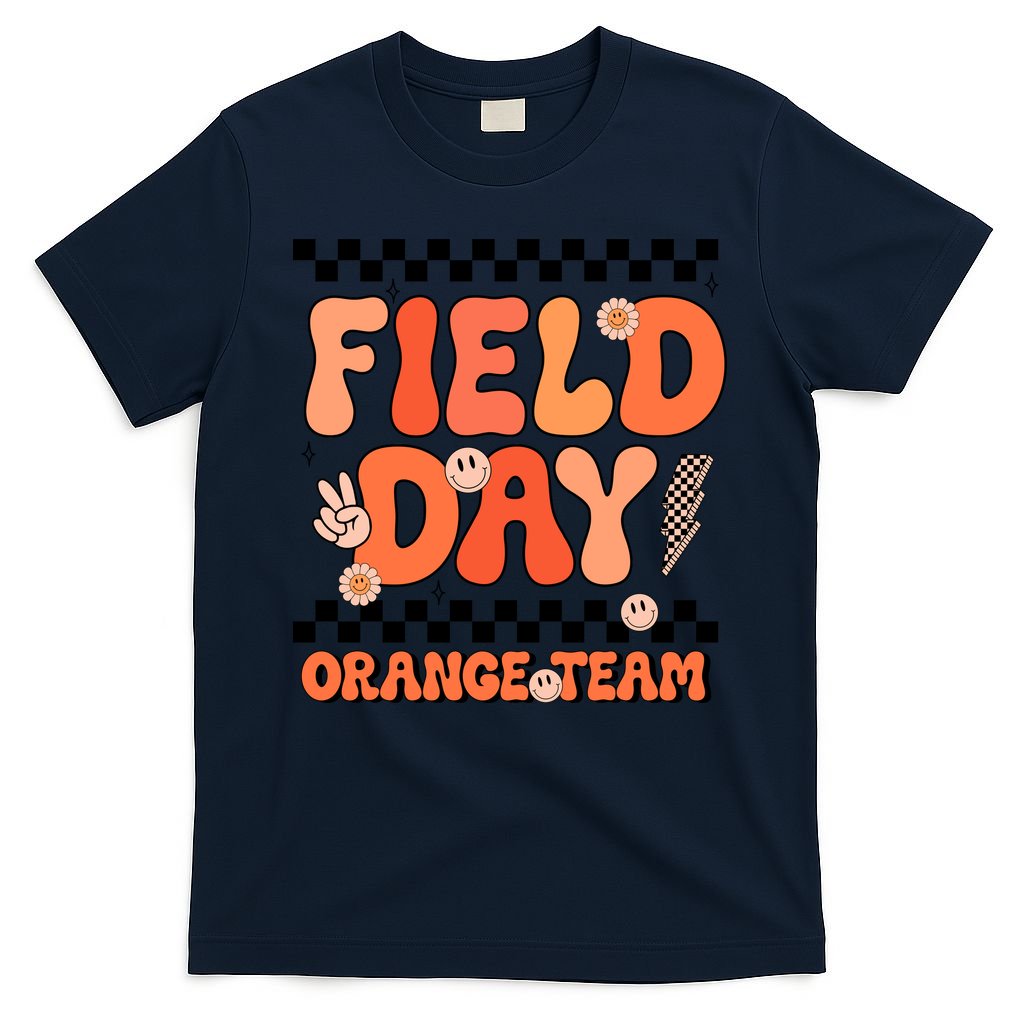 Field Day Orange Team Groovy Smile Face Checkered Students T-Shirt