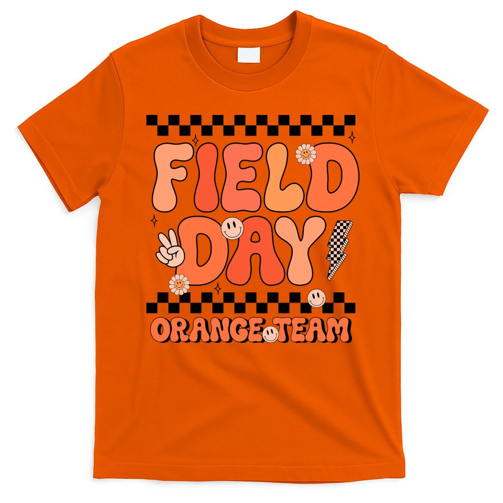 Field Day Orange Team Groovy Smile Face Checkered Students T-Shirt