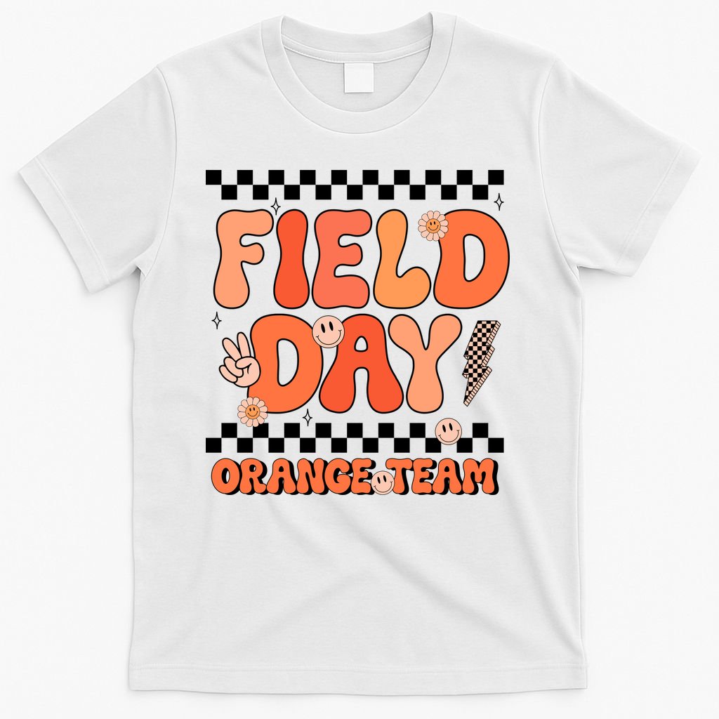 Field Day Orange Team Groovy Smile Face Checkered Students T-Shirt