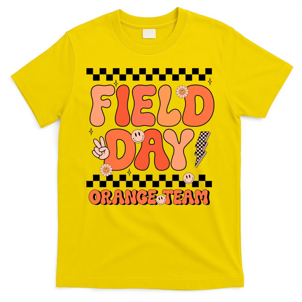 Field Day Orange Team Groovy Smile Face Checkered Students T-Shirt