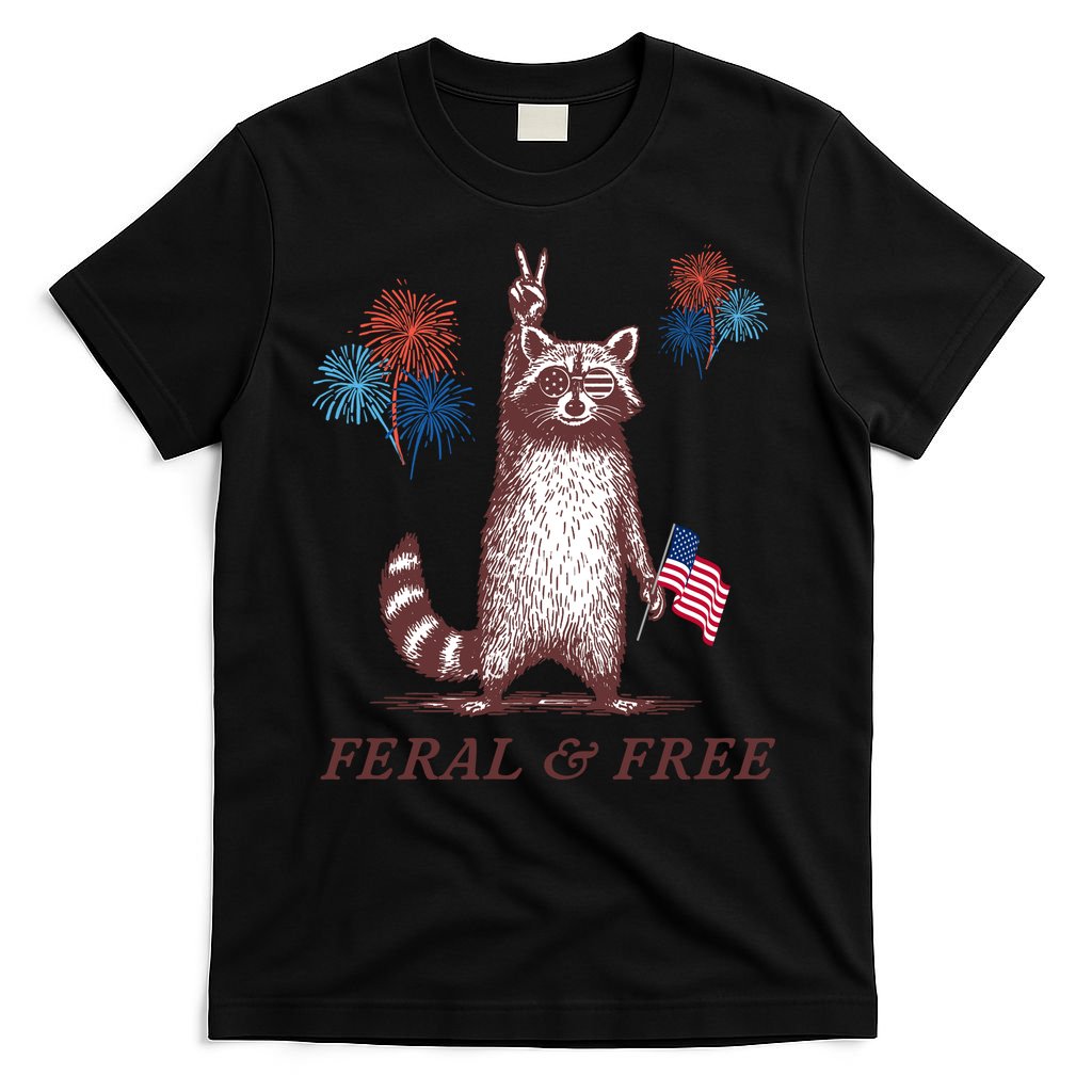Feral & Free Funny Patriotic Racoon 4th July  T-Shirt