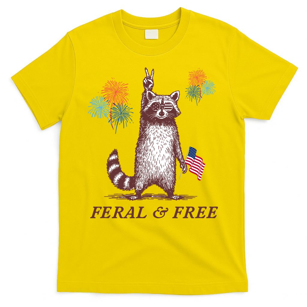 Feral & Free Funny Patriotic Racoon 4th July  T-Shirt