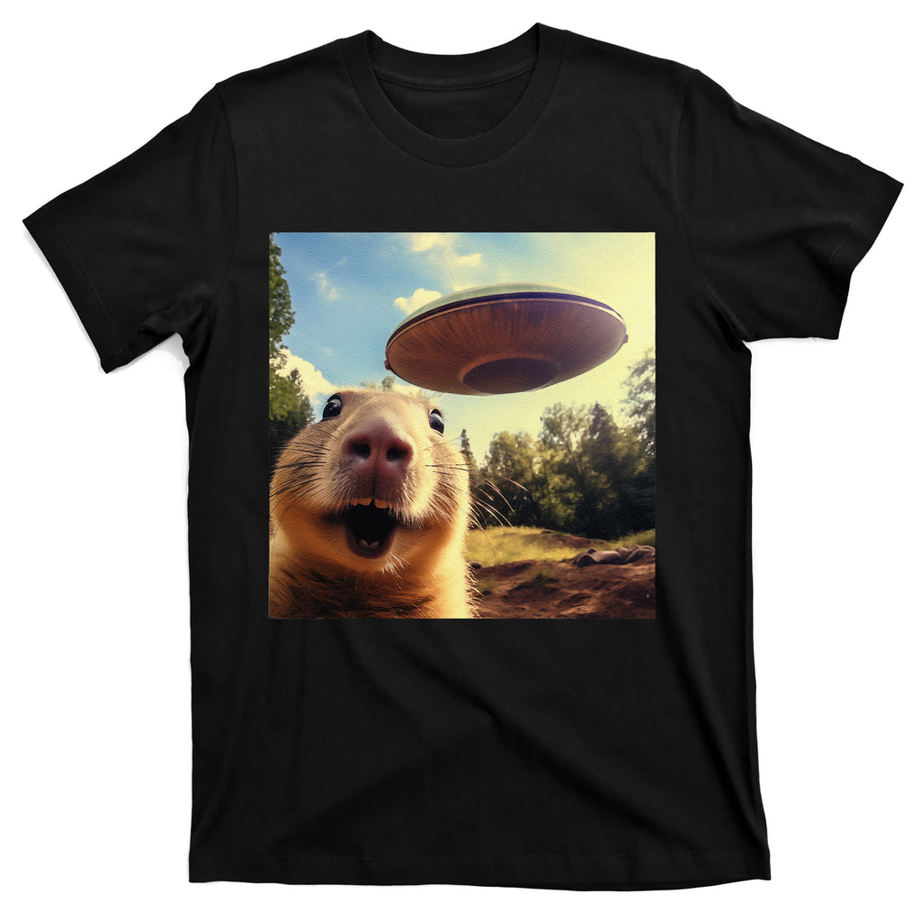 Funny Graphic Capybara Selfie With Ufos Weird T-Shirt