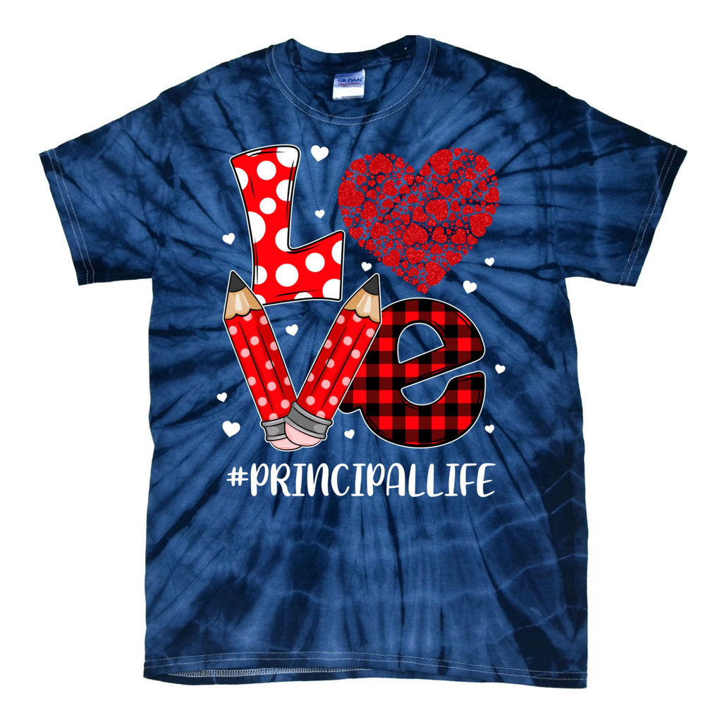 Funny Plaid Heart Love Principal Valentine Day Christmas Tie-Dye T-Shirt