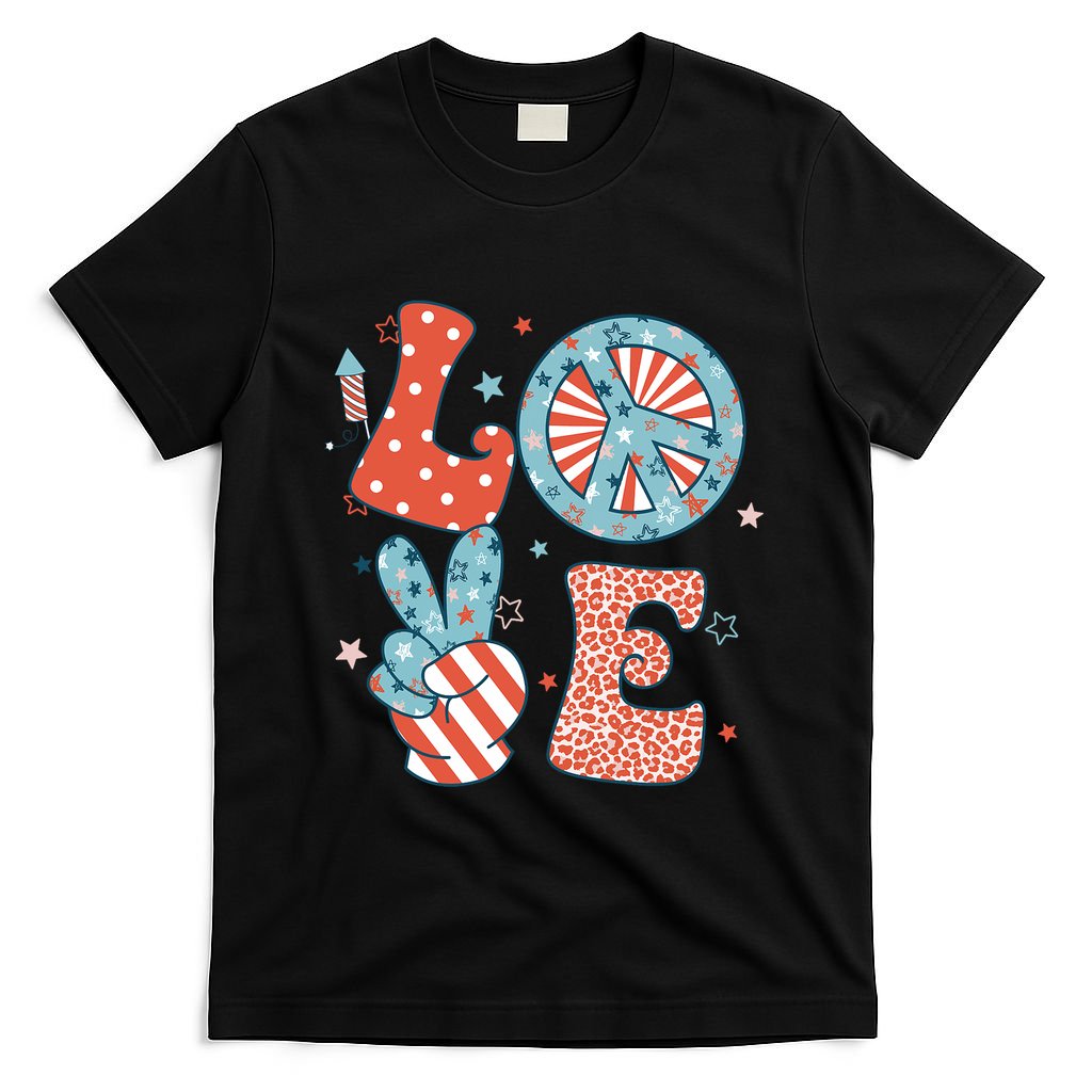 Funny Peace Love America Us Flag Retro Groovy 4th Of July T-Shirt