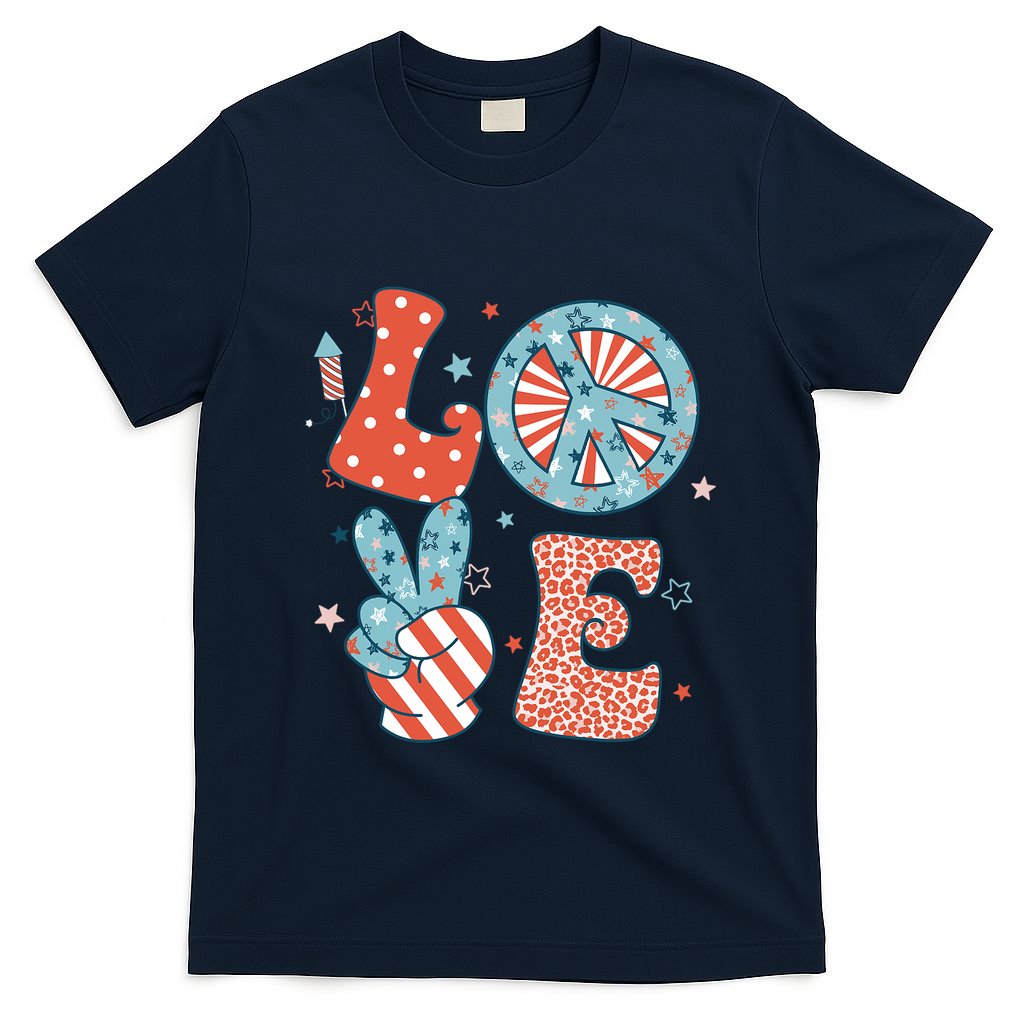 Funny Peace Love America Us Flag Retro Groovy 4th Of July T-Shirt