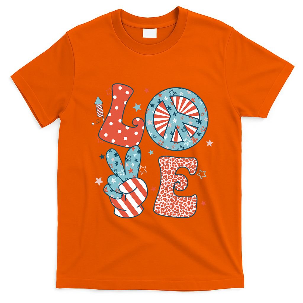 Funny Peace Love America Us Flag Retro Groovy 4th Of July T-Shirt