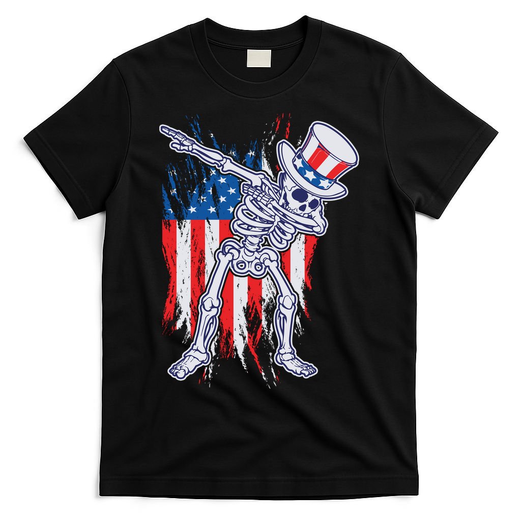 Funny Patriotic USA American Flag Dabbing Skeleton T-Shirt