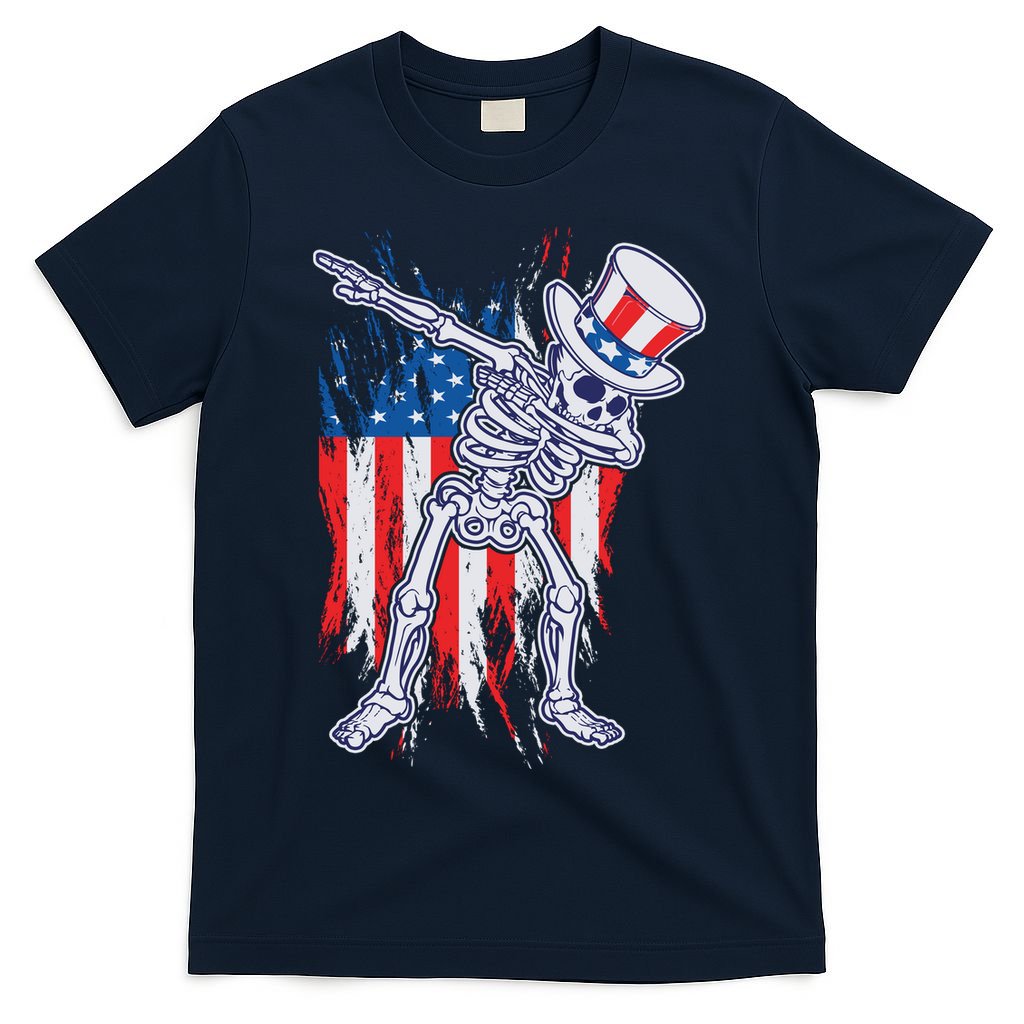Funny Patriotic USA American Flag Dabbing Skeleton T-Shirt