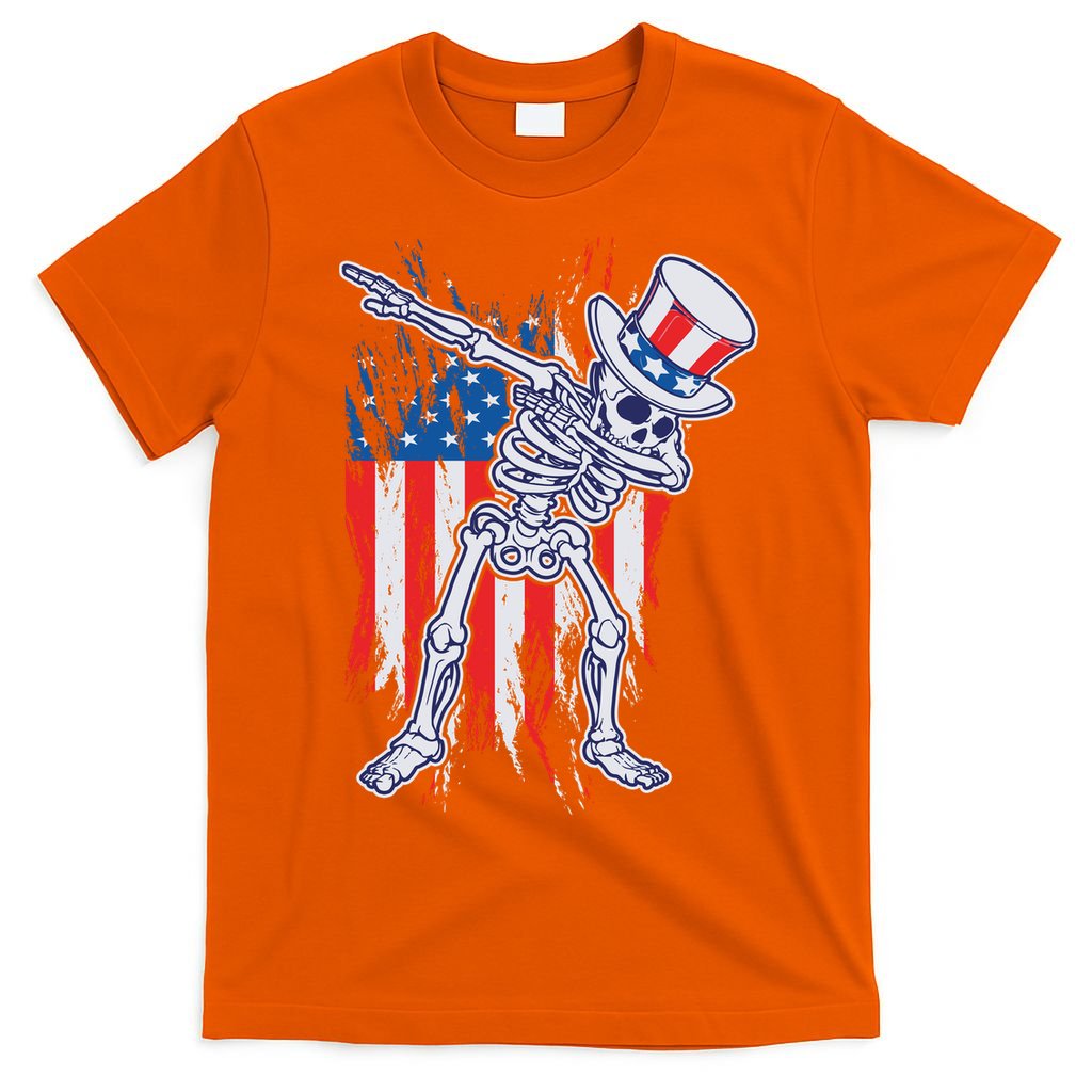 Funny Patriotic USA American Flag Dabbing Skeleton T-Shirt
