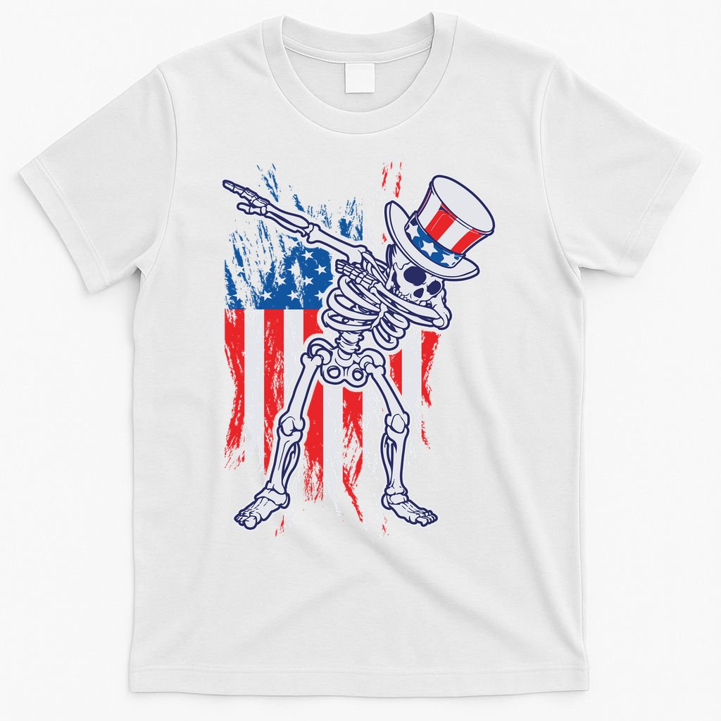 Funny Patriotic USA American Flag Dabbing Skeleton T-Shirt