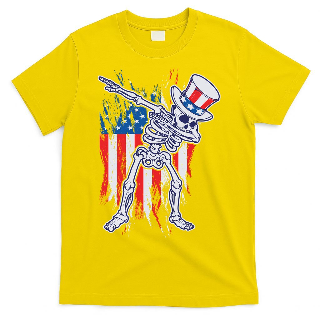 Funny Patriotic USA American Flag Dabbing Skeleton T-Shirt