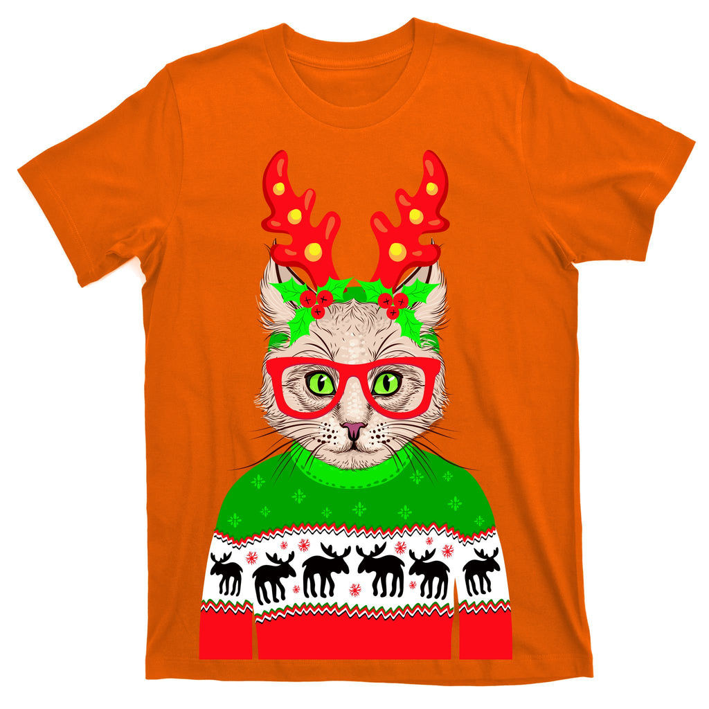 Funny Hipster Christmas Party Cat T-Shirt