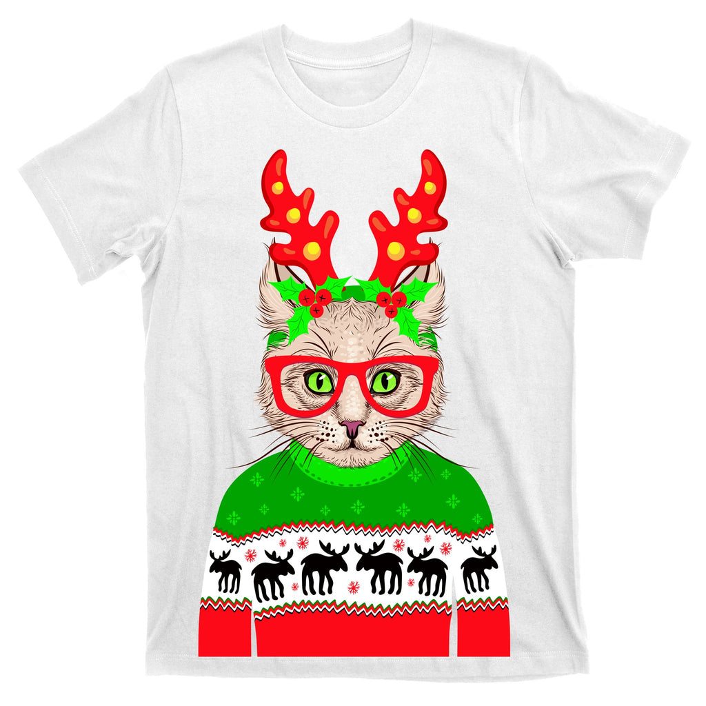 Funny Hipster Christmas Party Cat T-Shirt