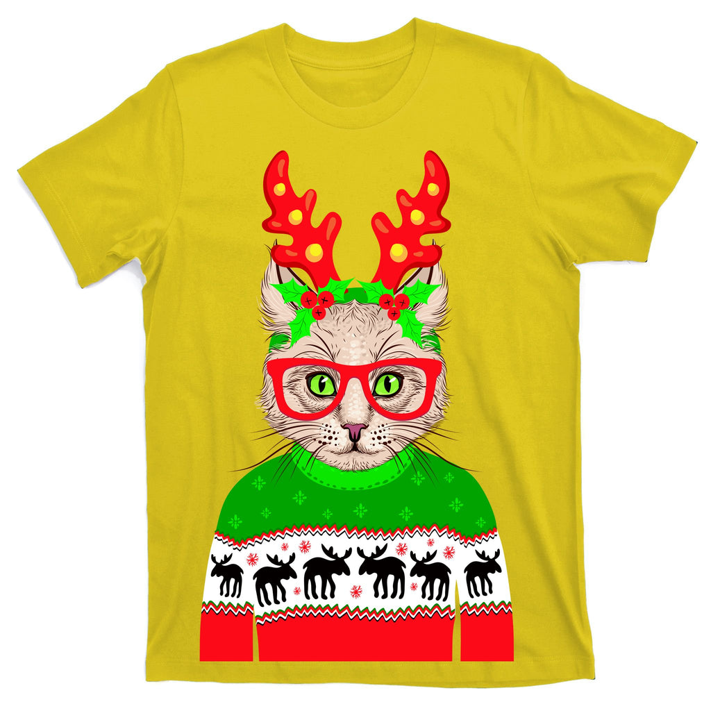 Funny Hipster Christmas Party Cat T-Shirt