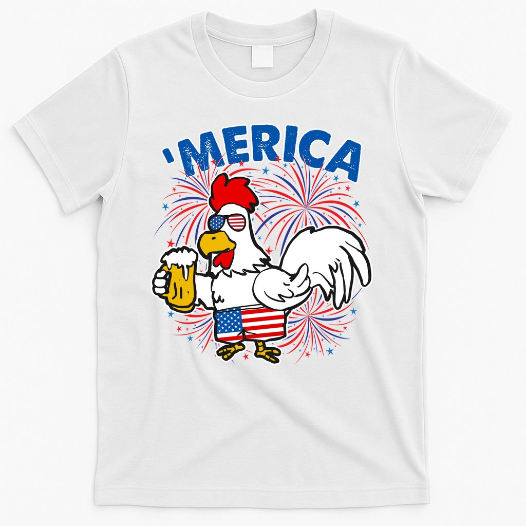 Funny Merica USA Rooster With Beer T-Shirt