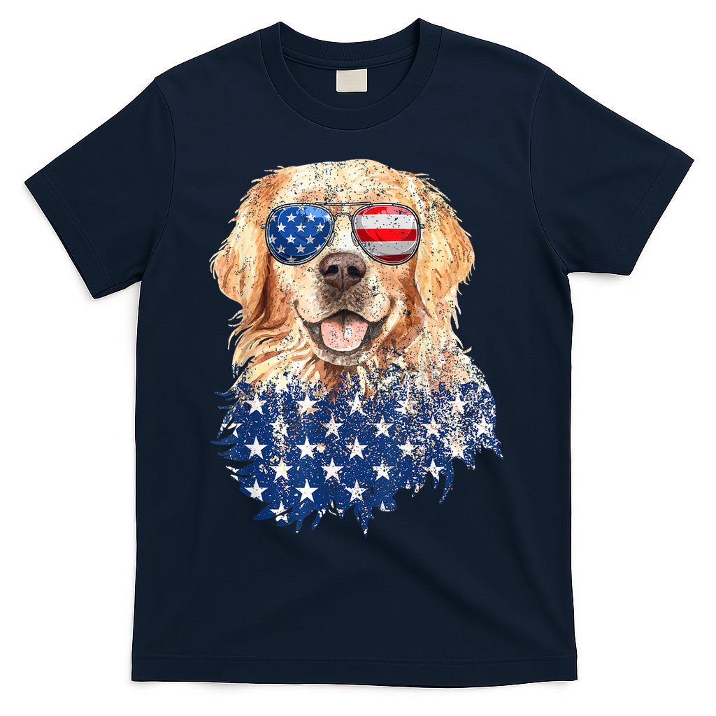 Golden Retriever American USA Flag Retro 4th Of July T-Shirt